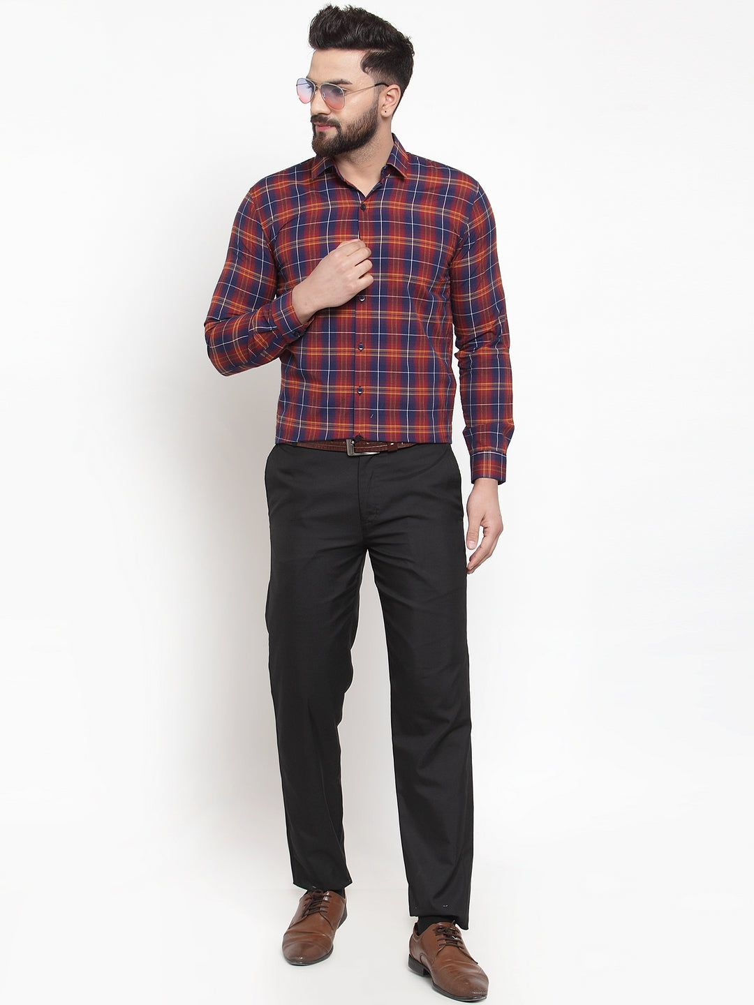 Jainish Multi Men's Cotton Checked Formal Shirts ( SF 741Blue-Red ) | Grocsy