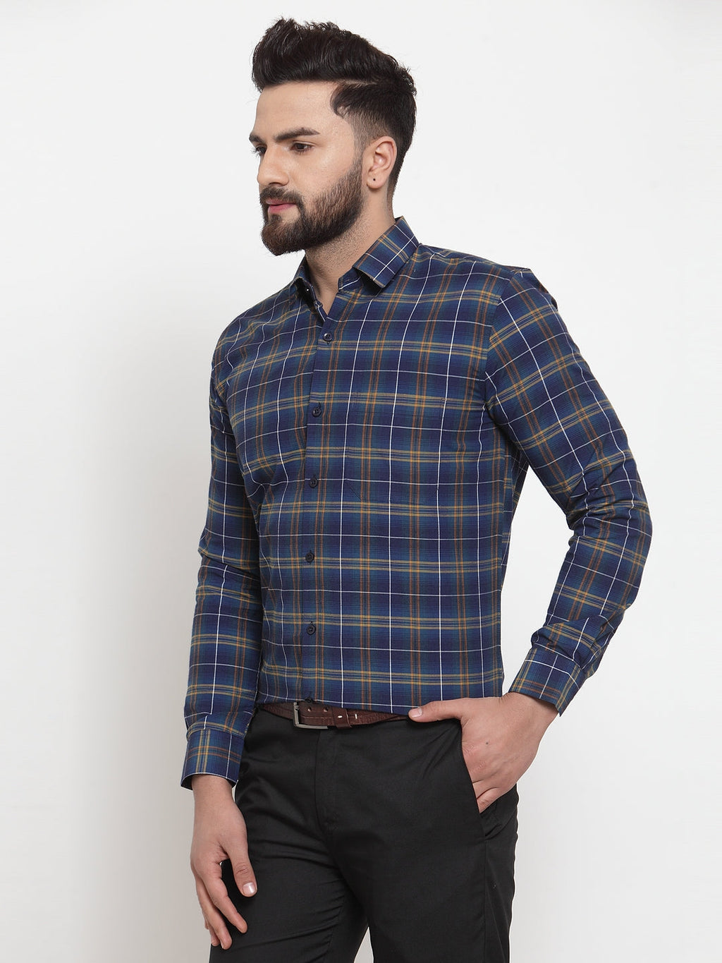 Jainish Blue Men's Cotton Checked Formal Shirts ( SF 741Royal-Blue ) | Grocsy
