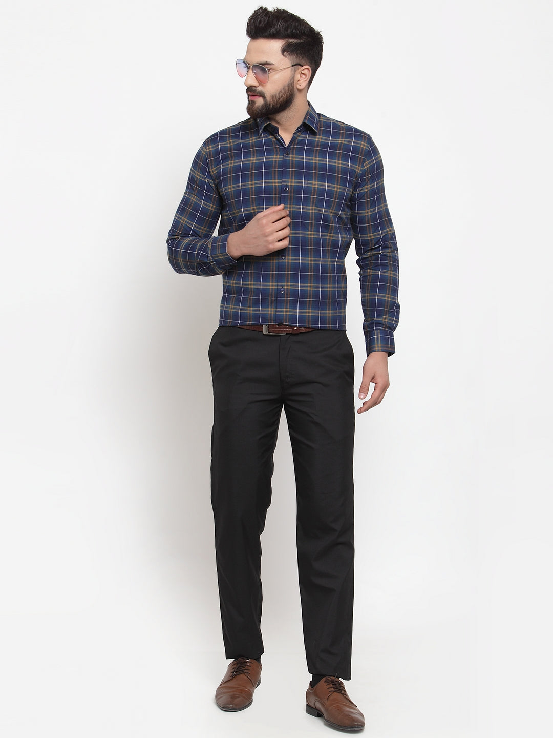 Jainish Blue Men's Cotton Checked Formal Shirts ( SF 741Royal-Blue ) | Grocsy