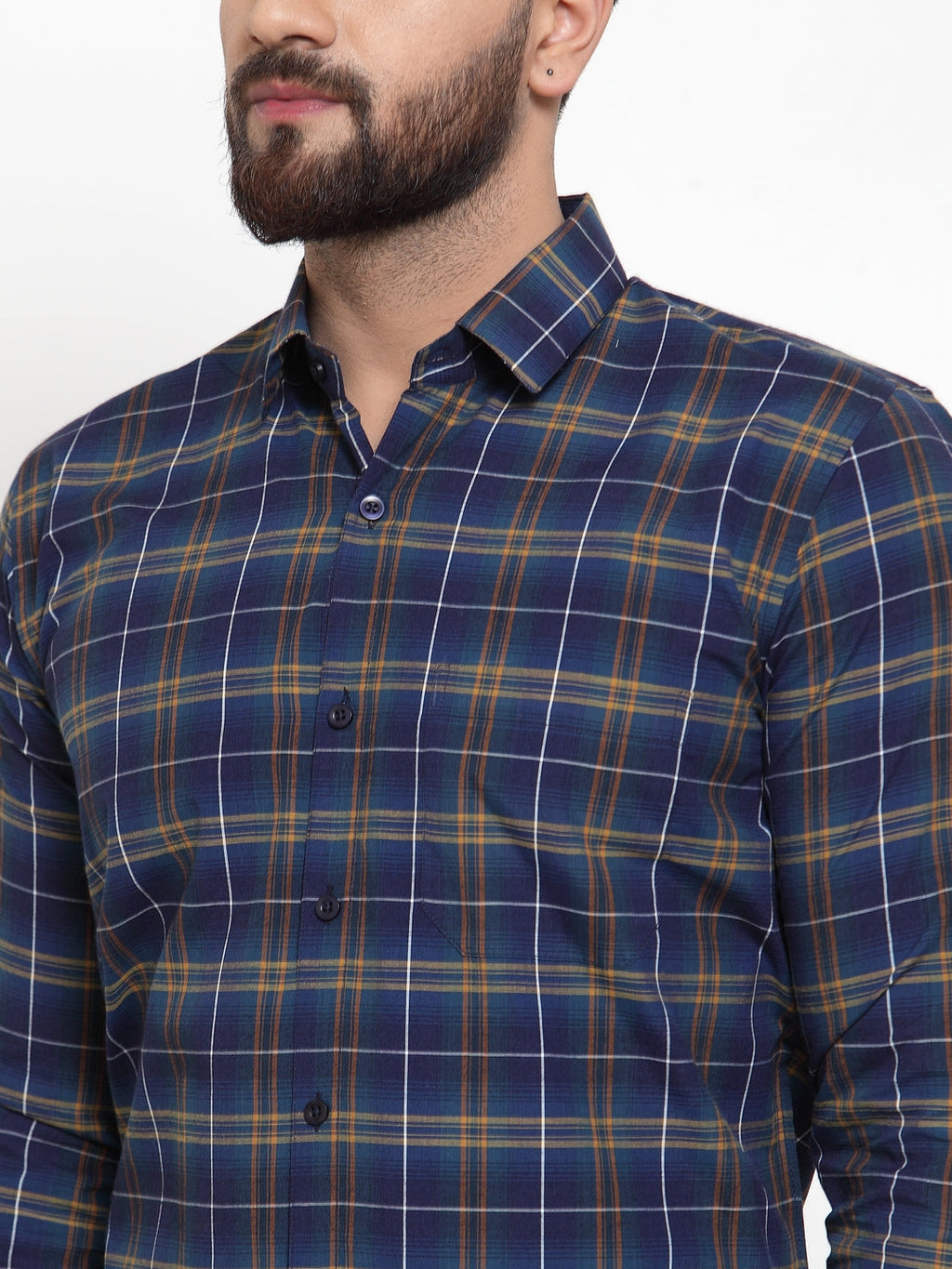 Jainish Blue Men's Cotton Checked Formal Shirts ( SF 741Royal-Blue ) | Grocsy