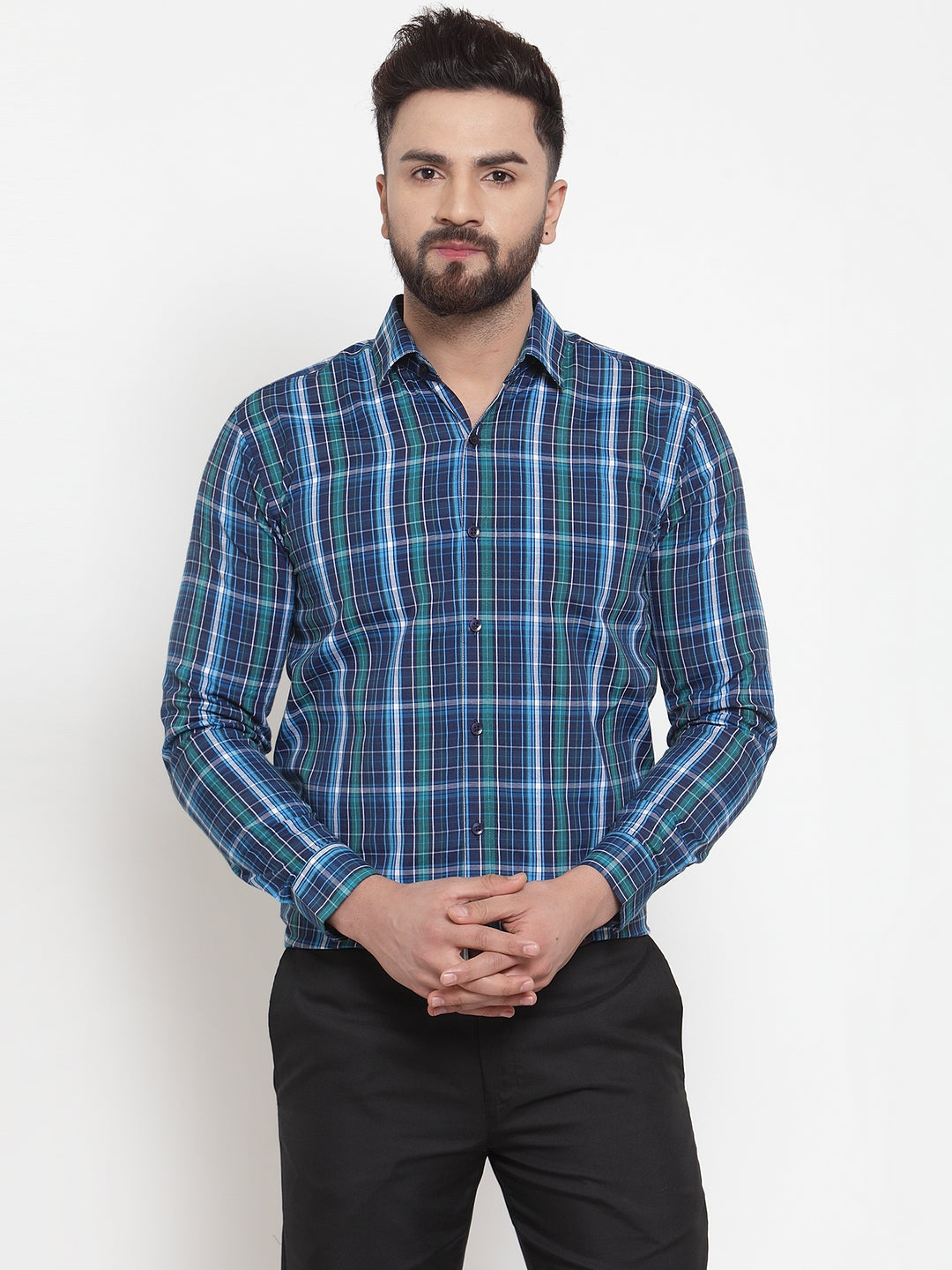 Jainish Blue Men's Cotton Checked Formal Shirts ( SF 741Sky-Blue ) | Grocsy