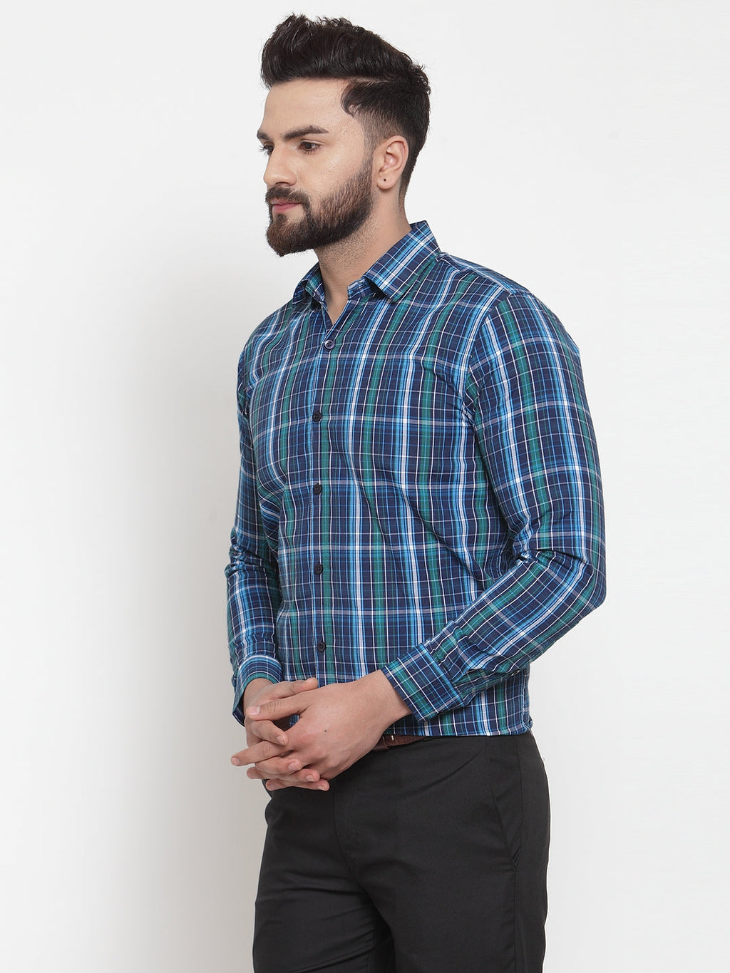 Jainish Blue Men's Cotton Checked Formal Shirts ( SF 741Sky-Blue ) | Grocsy