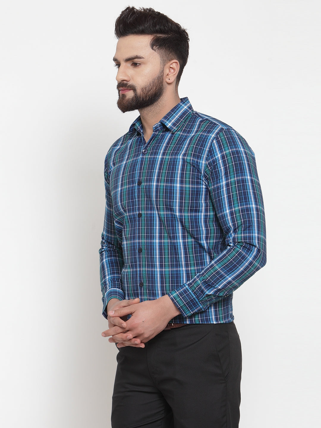 Jainish Blue Men's Cotton Checked Formal Shirts ( SF 741Sky-Blue ) | Grocsy
