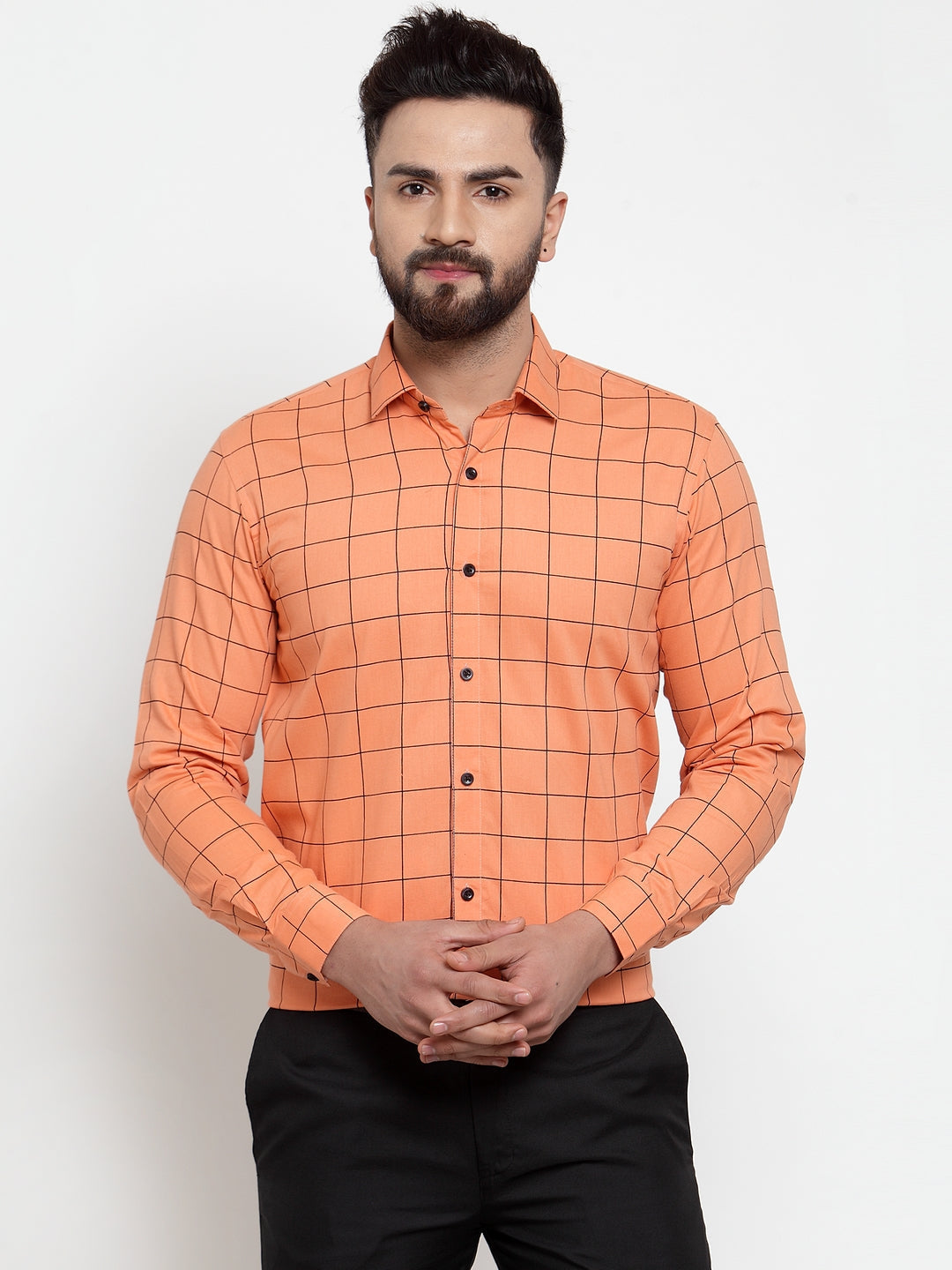 Jainish Orange Men's Cotton Checked Formal Shirts ( SF 742Orange ) | Grocsy