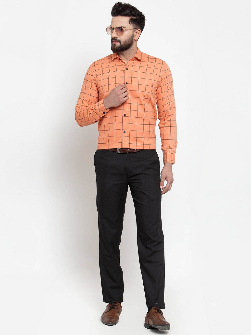 Jainish Orange Men's Cotton Checked Formal Shirts ( SF 742Orange ) | Grocsy