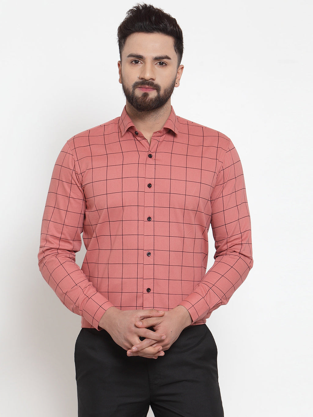 Jainish Peach Men's Cotton Checked Formal Shirts ( SF 742Peach ) | Grocsy