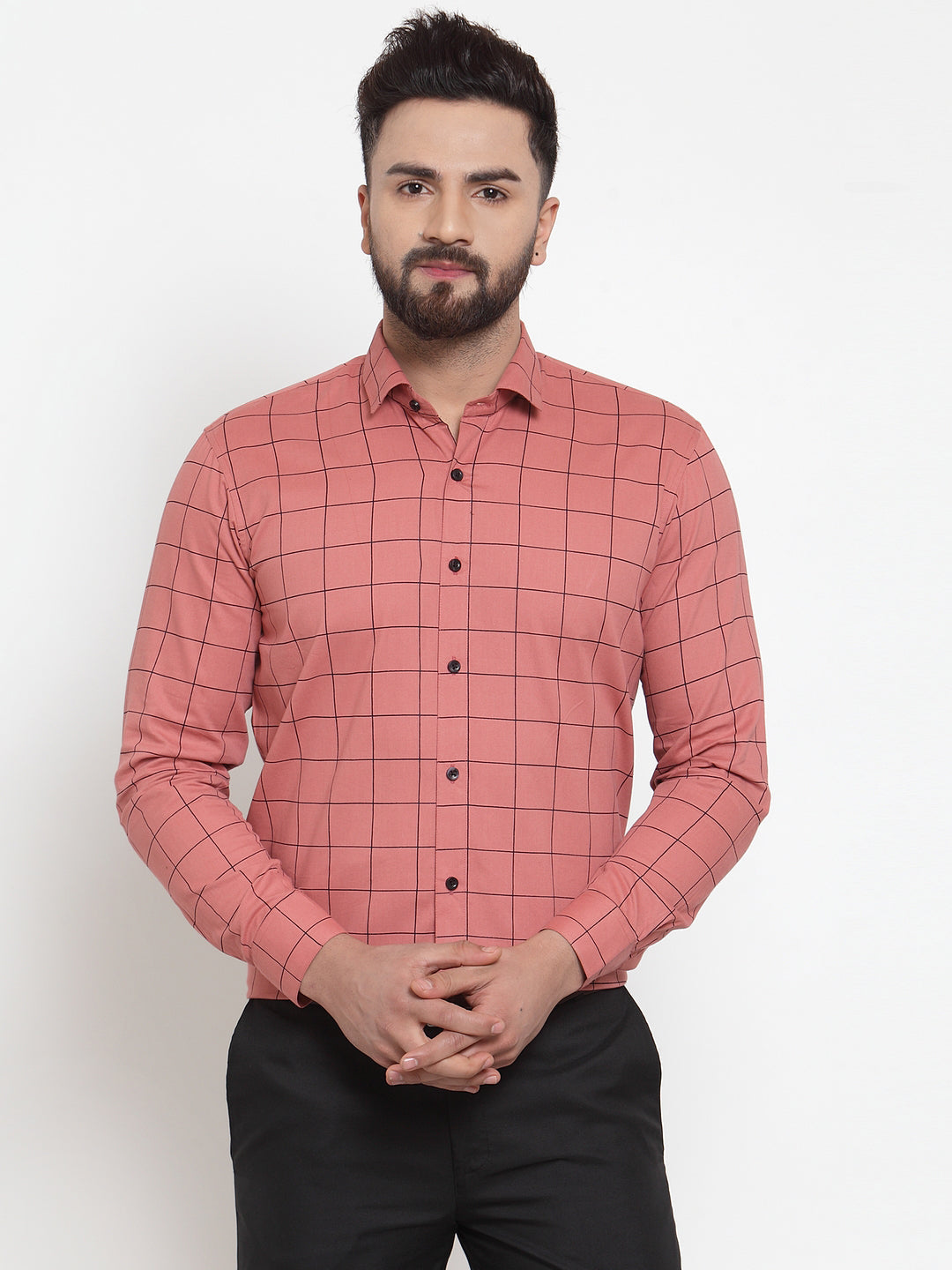 Jainish Peach Men's Cotton Checked Formal Shirts ( SF 742Peach ) | Grocsy