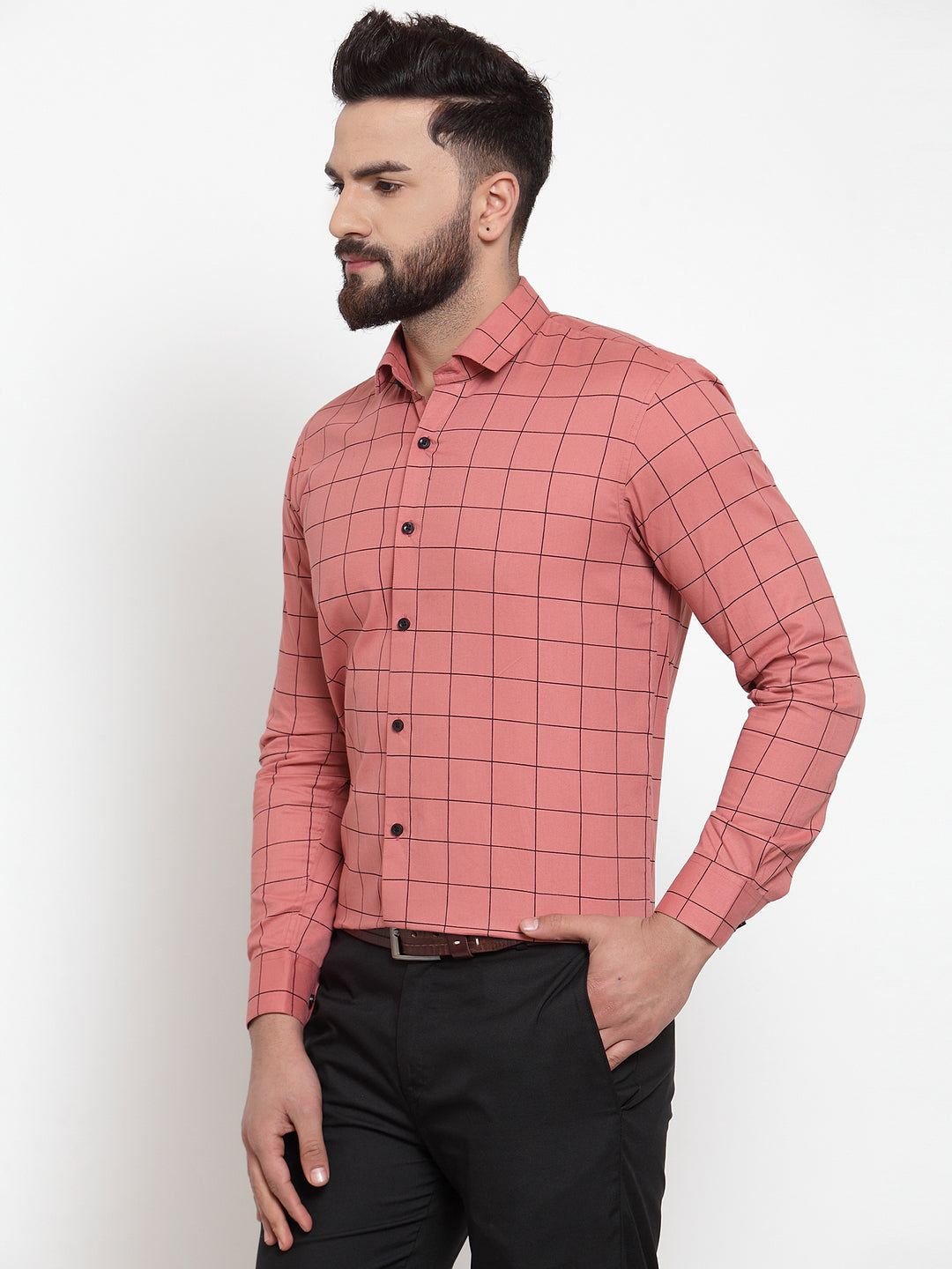 Jainish Peach Men's Cotton Checked Formal Shirts ( SF 742Peach ) | Grocsy