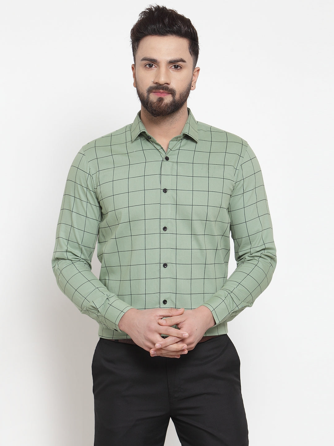 Jainish Green Men's Cotton Checked Formal Shirts ( SF 742Pista ) | Grocsy