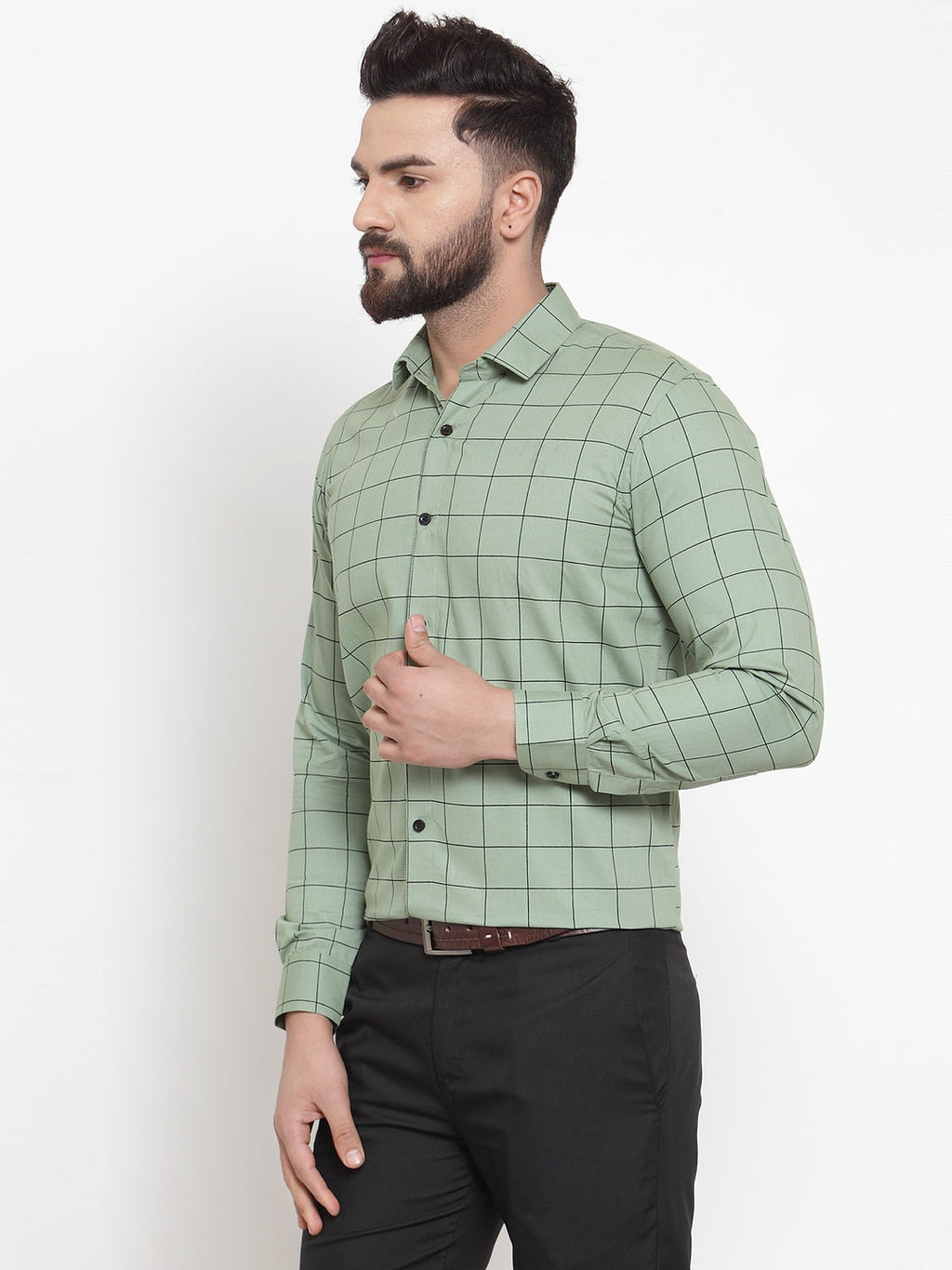 Jainish Green Men's Cotton Checked Formal Shirts ( SF 742Pista ) | Grocsy