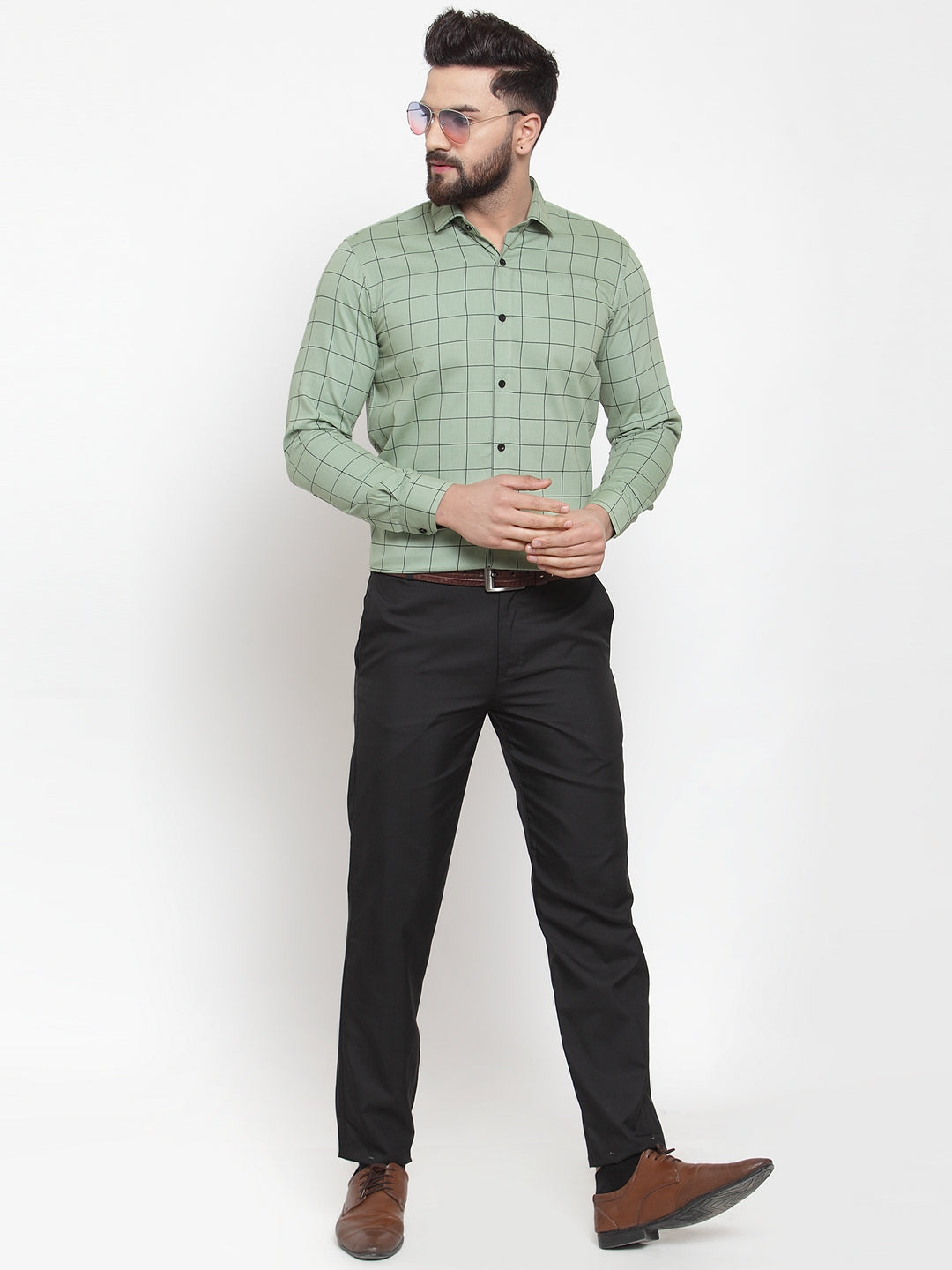 Jainish Green Men's Cotton Checked Formal Shirts ( SF 742Pista ) | Grocsy