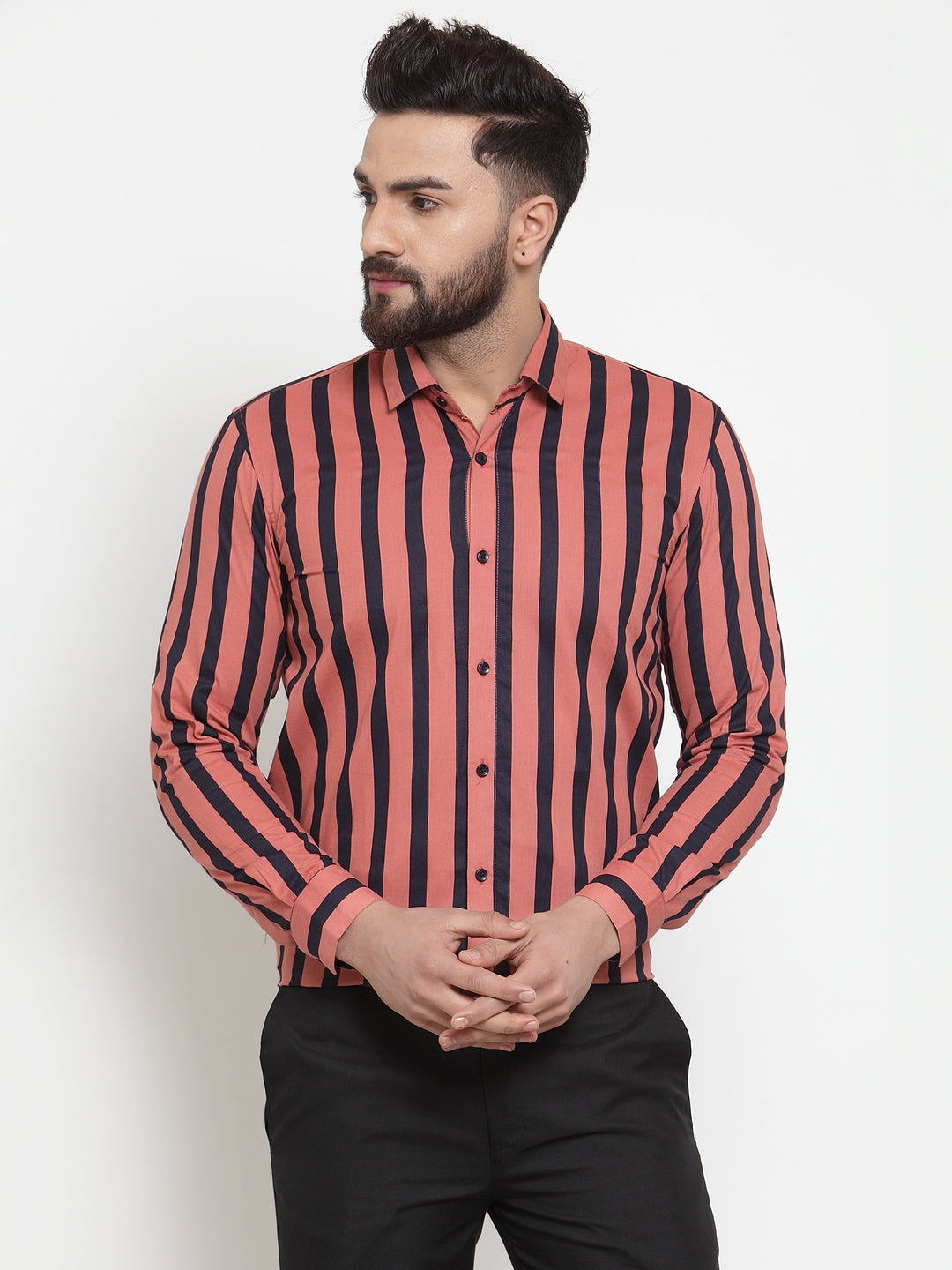 Jainish Red Men's Cotton Striped Formal Shirts ( SF 744Coral ) | Grocsy