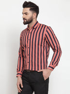 Jainish Red Men's Cotton Striped Formal Shirts ( SF 744Coral ) | Grocsy
