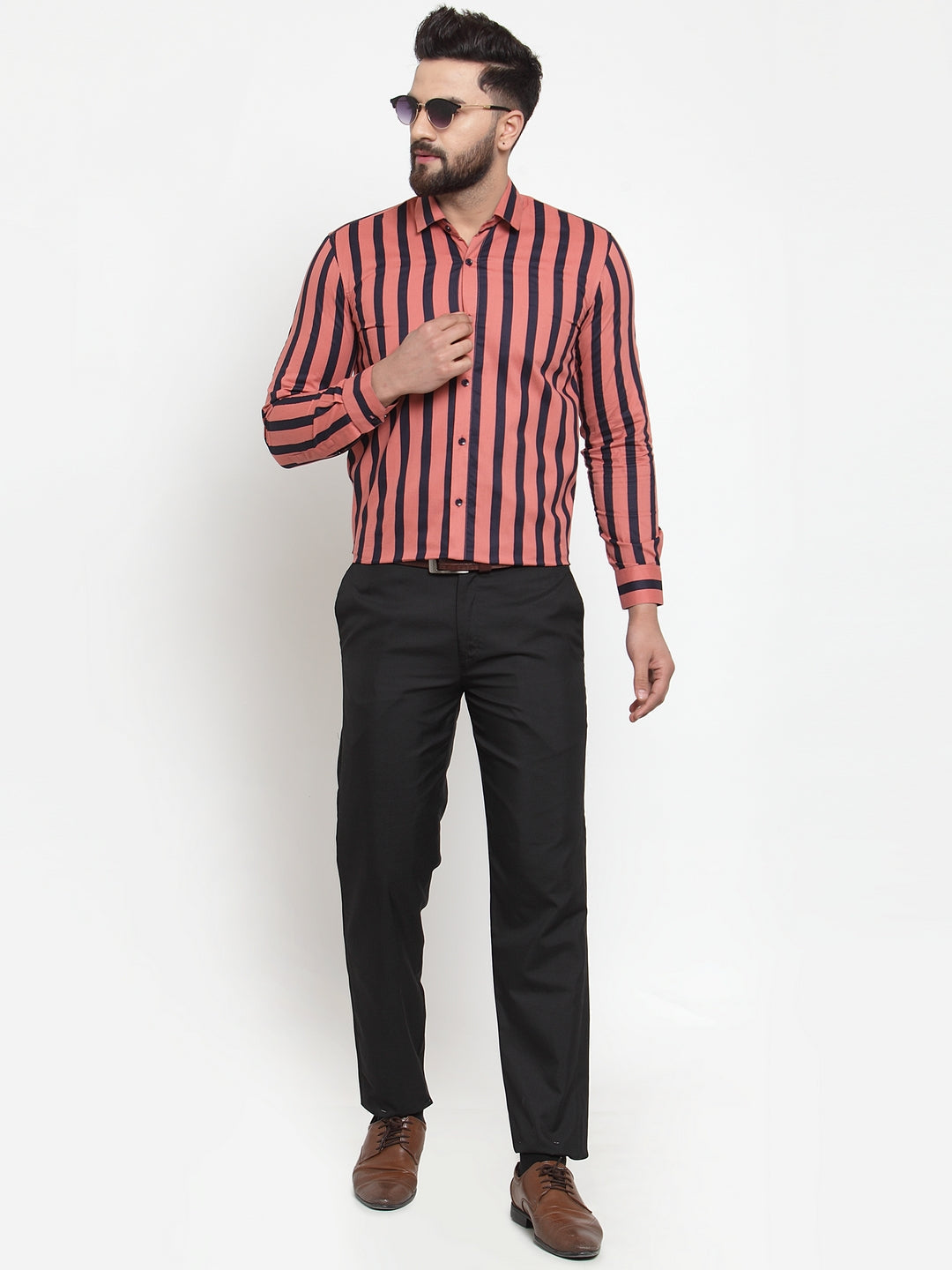 Jainish Red Men's Cotton Striped Formal Shirts ( SF 744Coral ) | Grocsy