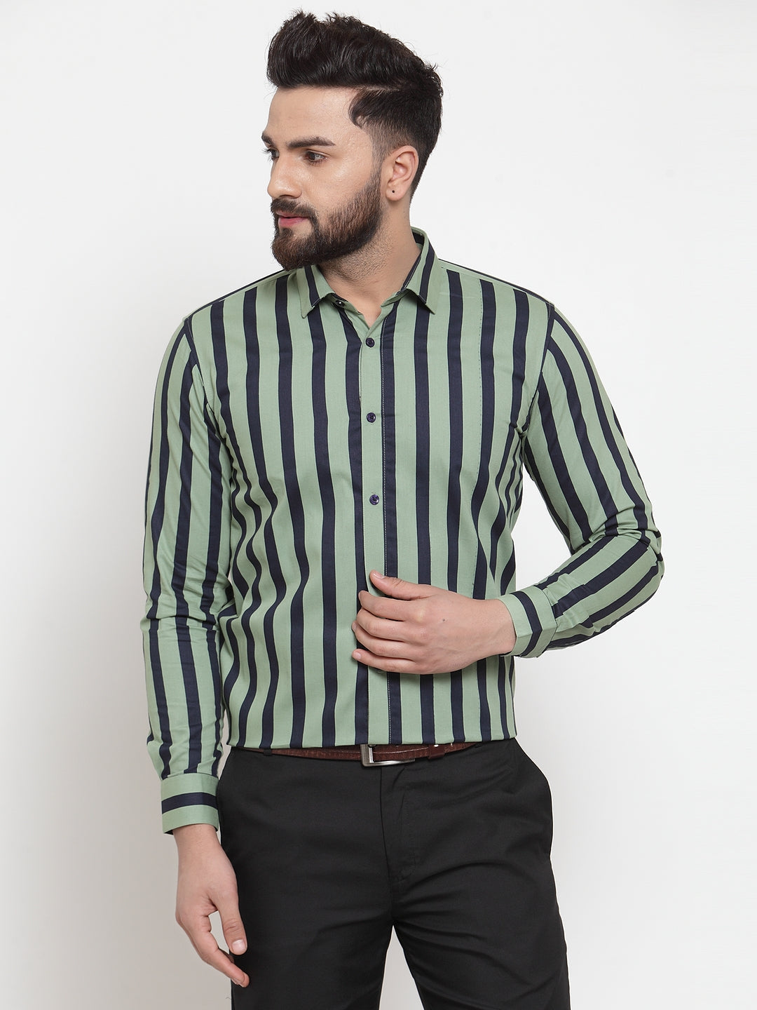 Jainish Green Men's Cotton Striped Formal Shirts ( SF 744Green ) | Grocsy