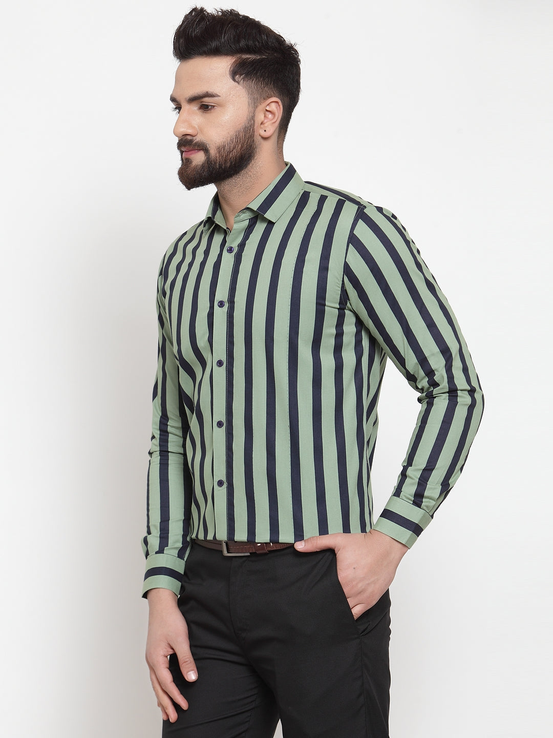 Jainish Green Men's Cotton Striped Formal Shirts ( SF 744Green ) | Grocsy
