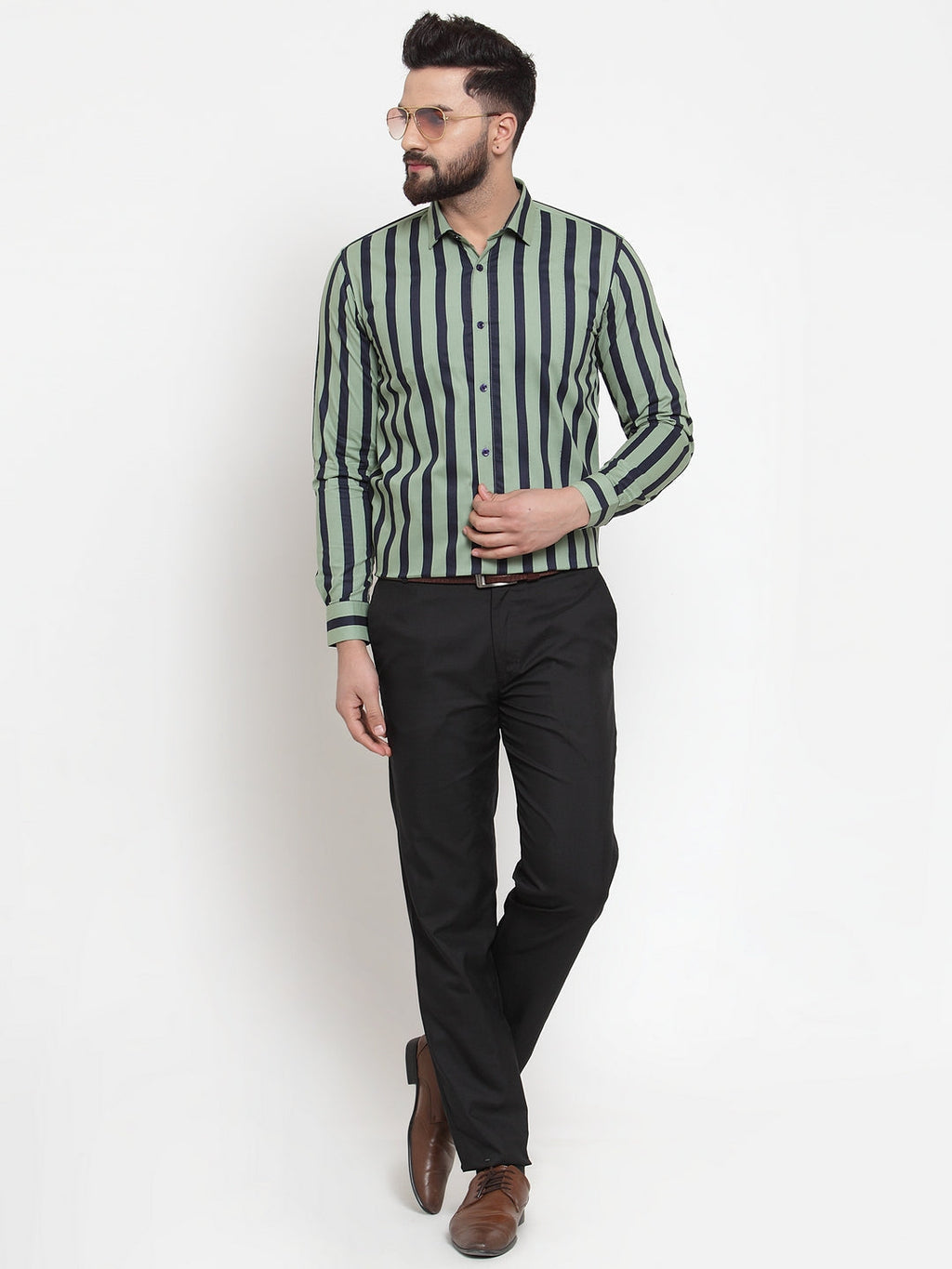 Jainish Green Men's Cotton Striped Formal Shirts ( SF 744Green ) | Grocsy