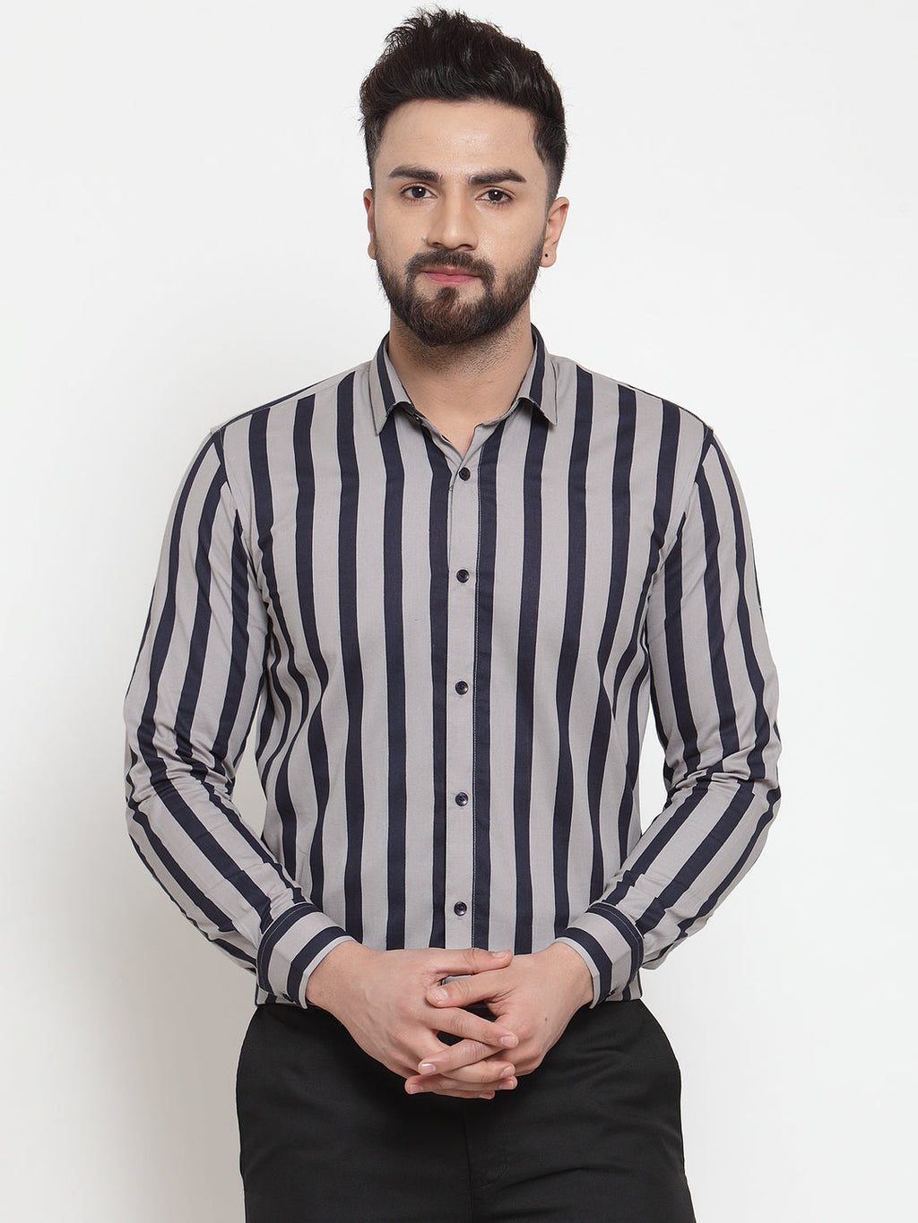 Jainish Grey Men's Cotton Striped Formal Shirts ( SF 744Grey ) | Grocsy