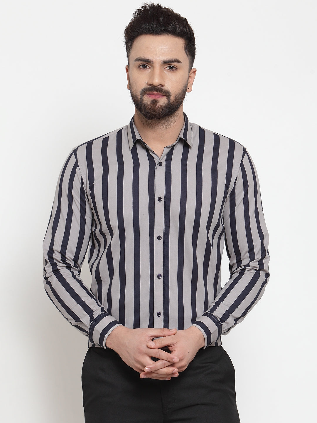 Jainish Grey Men's Cotton Striped Formal Shirts ( SF 744Grey ) | Grocsy