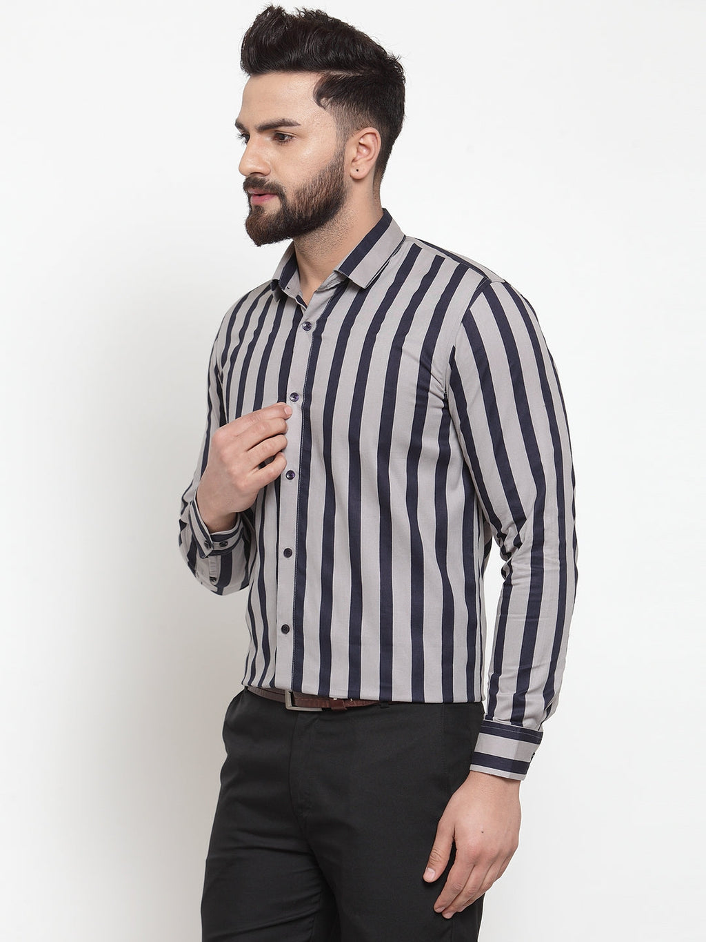 Jainish Grey Men's Cotton Striped Formal Shirts ( SF 744Grey ) | Grocsy