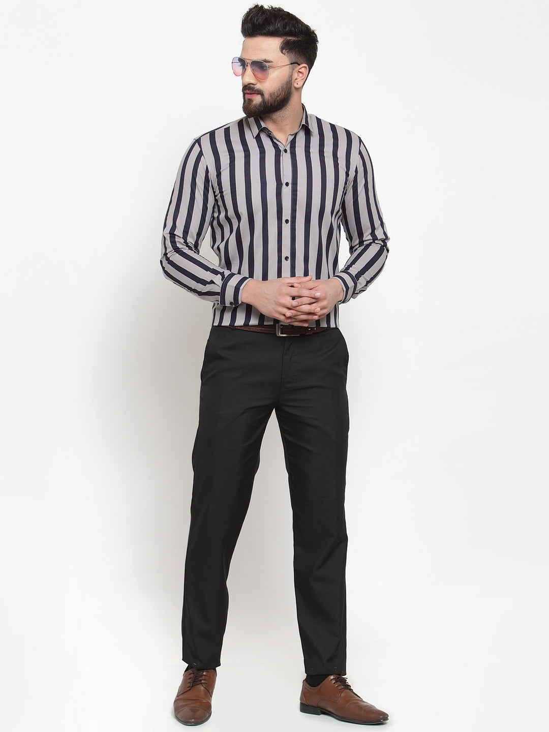 Jainish Grey Men's Cotton Striped Formal Shirts ( SF 744Grey ) | Grocsy