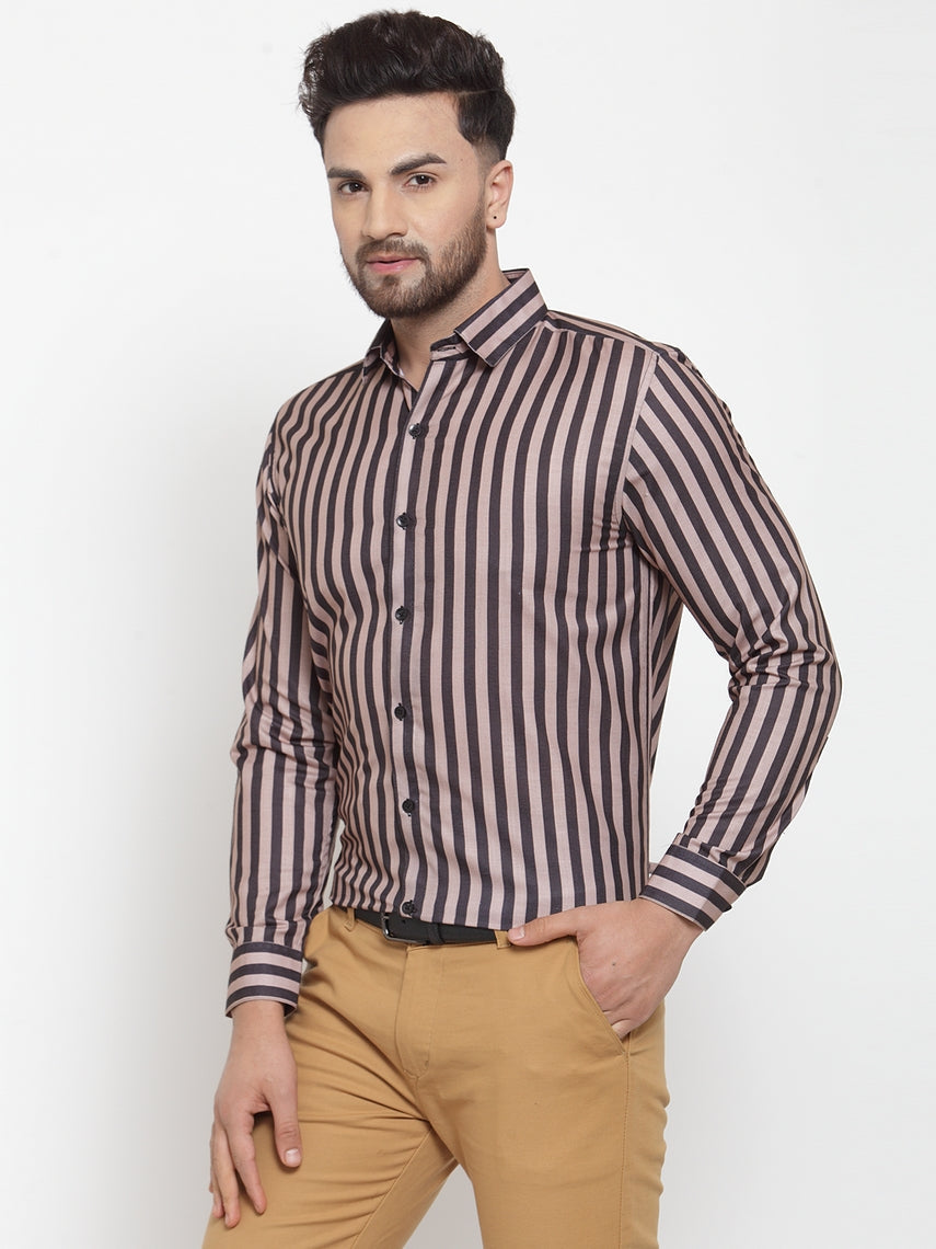 Jainish Black Men's Cotton Striped Formal Shirts ( SF 744Multi-Black ) | Grocsy