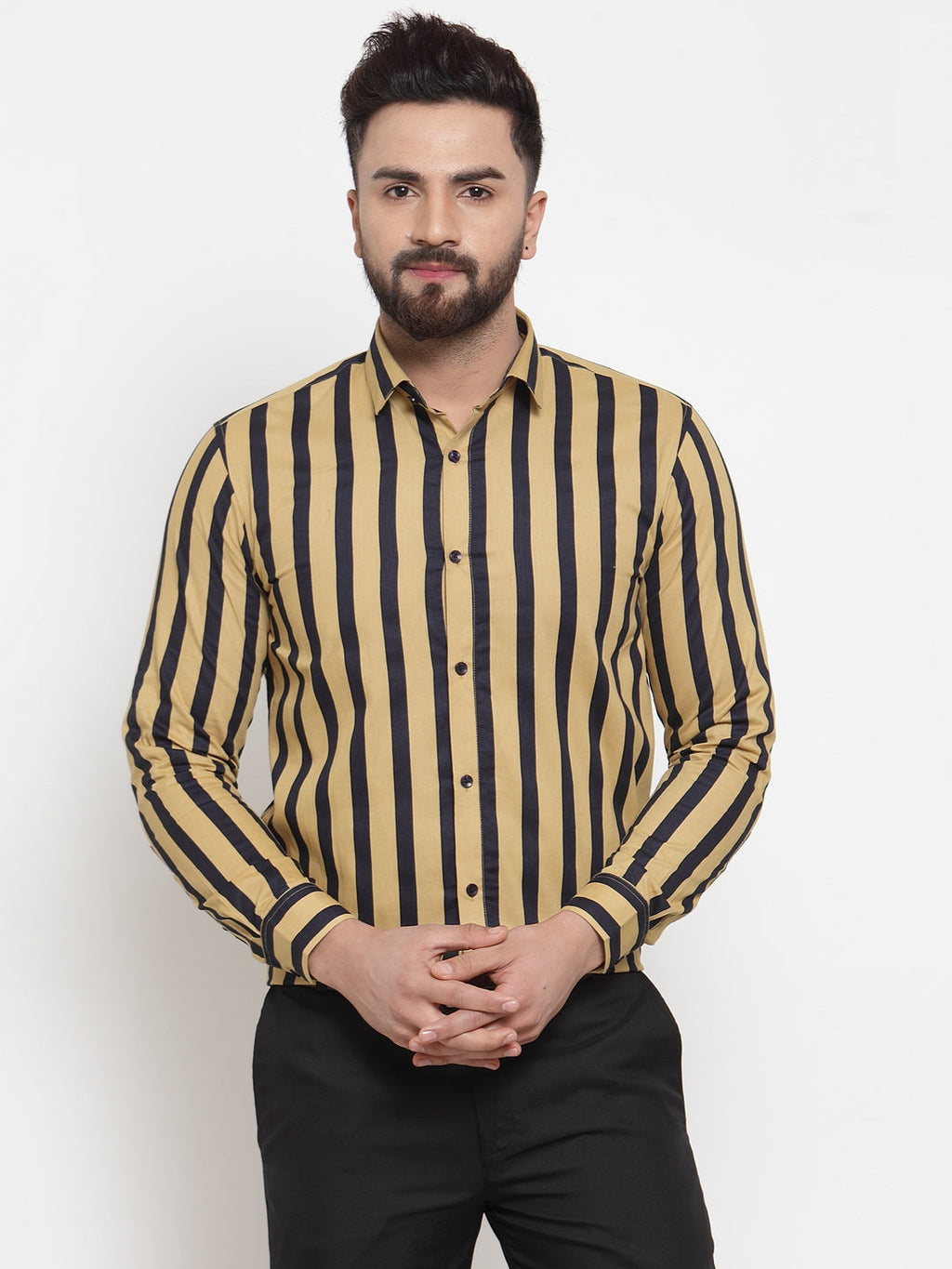 Jainish Yellow Men's Cotton Striped Formal Shirts ( SF 744Mustard ) | Grocsy