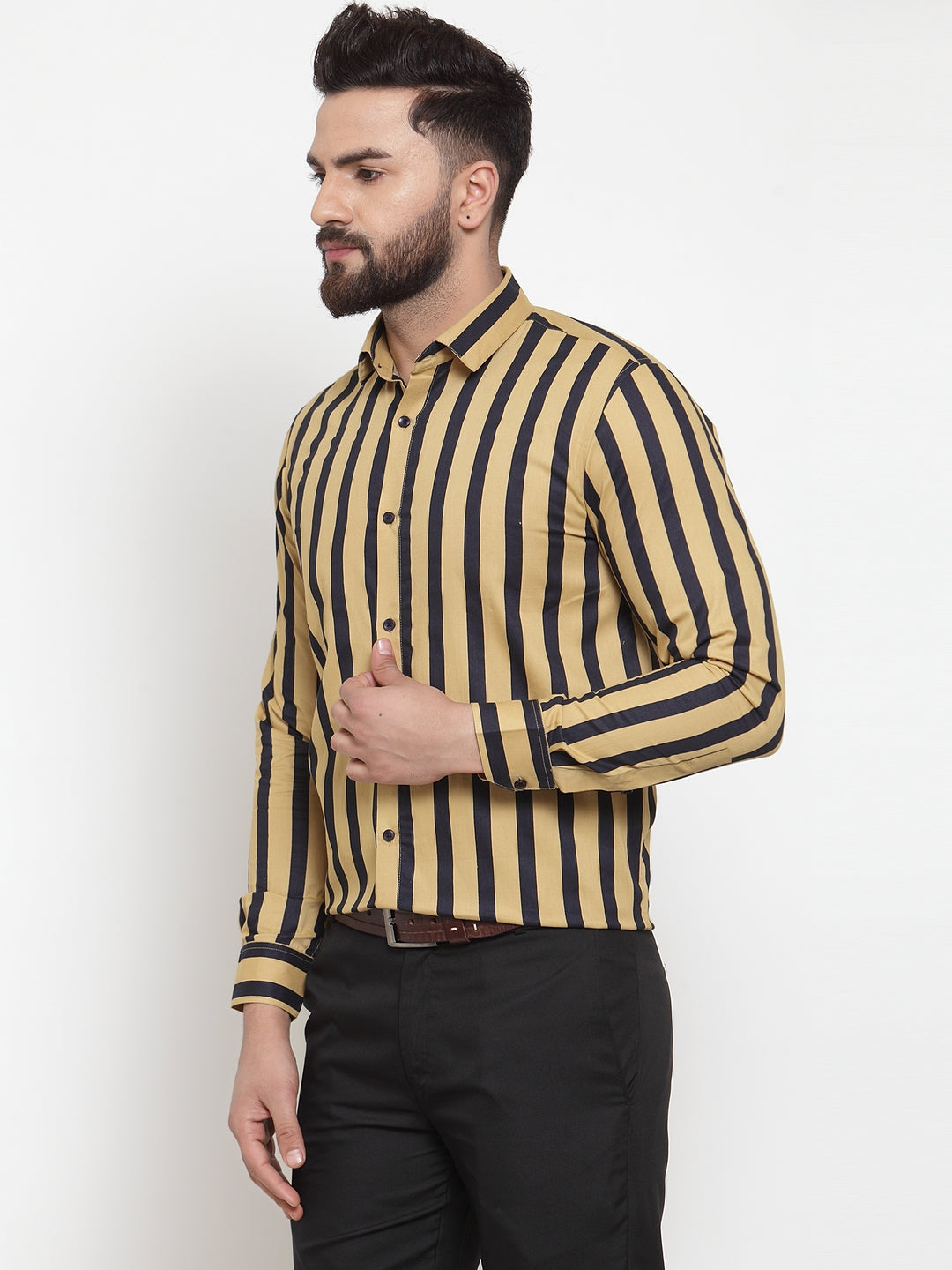 Jainish Yellow Men's Cotton Striped Formal Shirts ( SF 744Mustard ) | Grocsy
