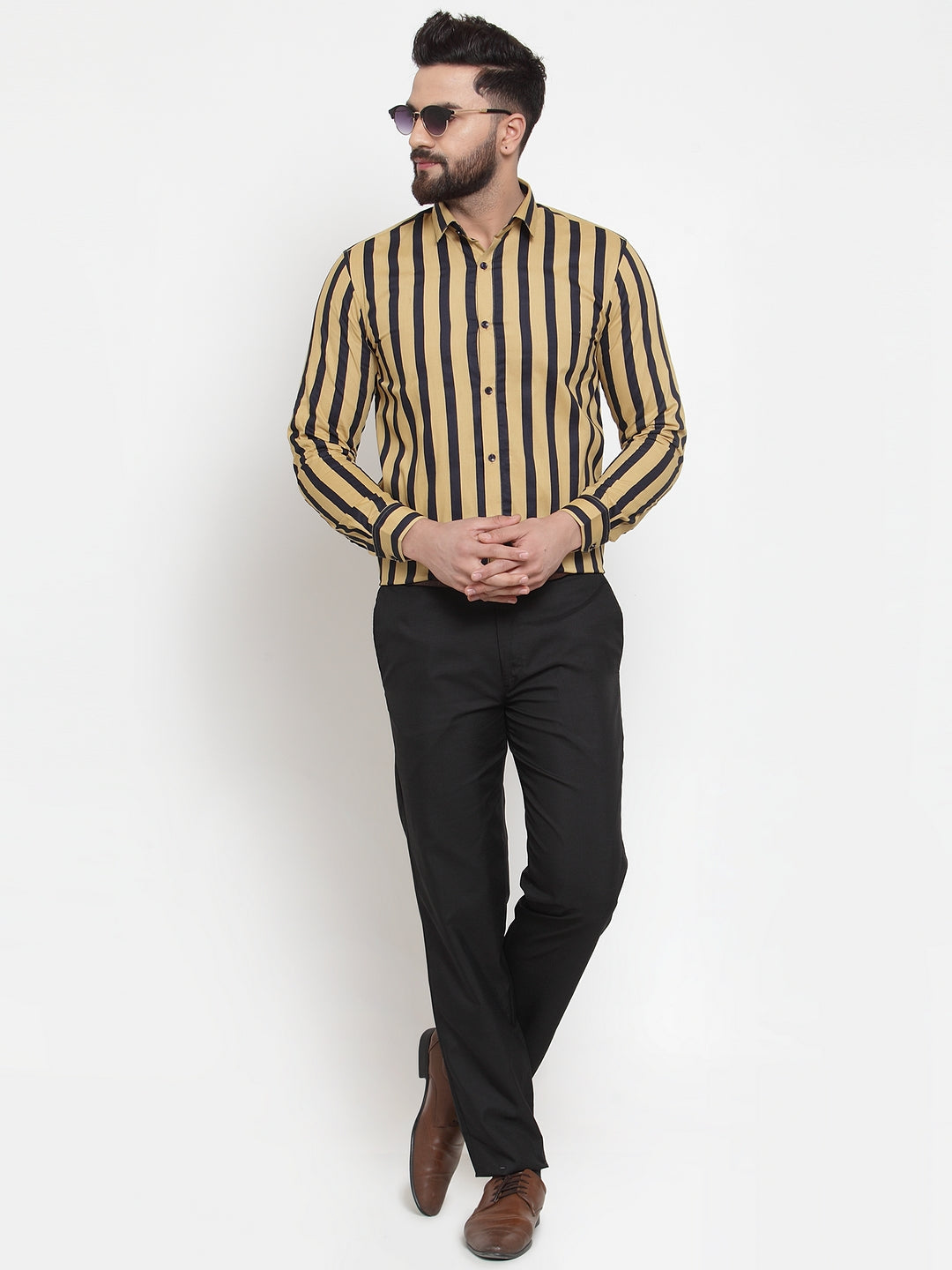 Jainish Yellow Men's Cotton Striped Formal Shirts ( SF 744Mustard ) | Grocsy