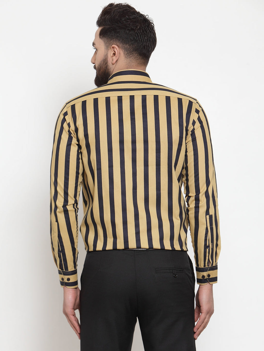 Jainish Yellow Men's Cotton Striped Formal Shirts ( SF 744Mustard ) | Grocsy