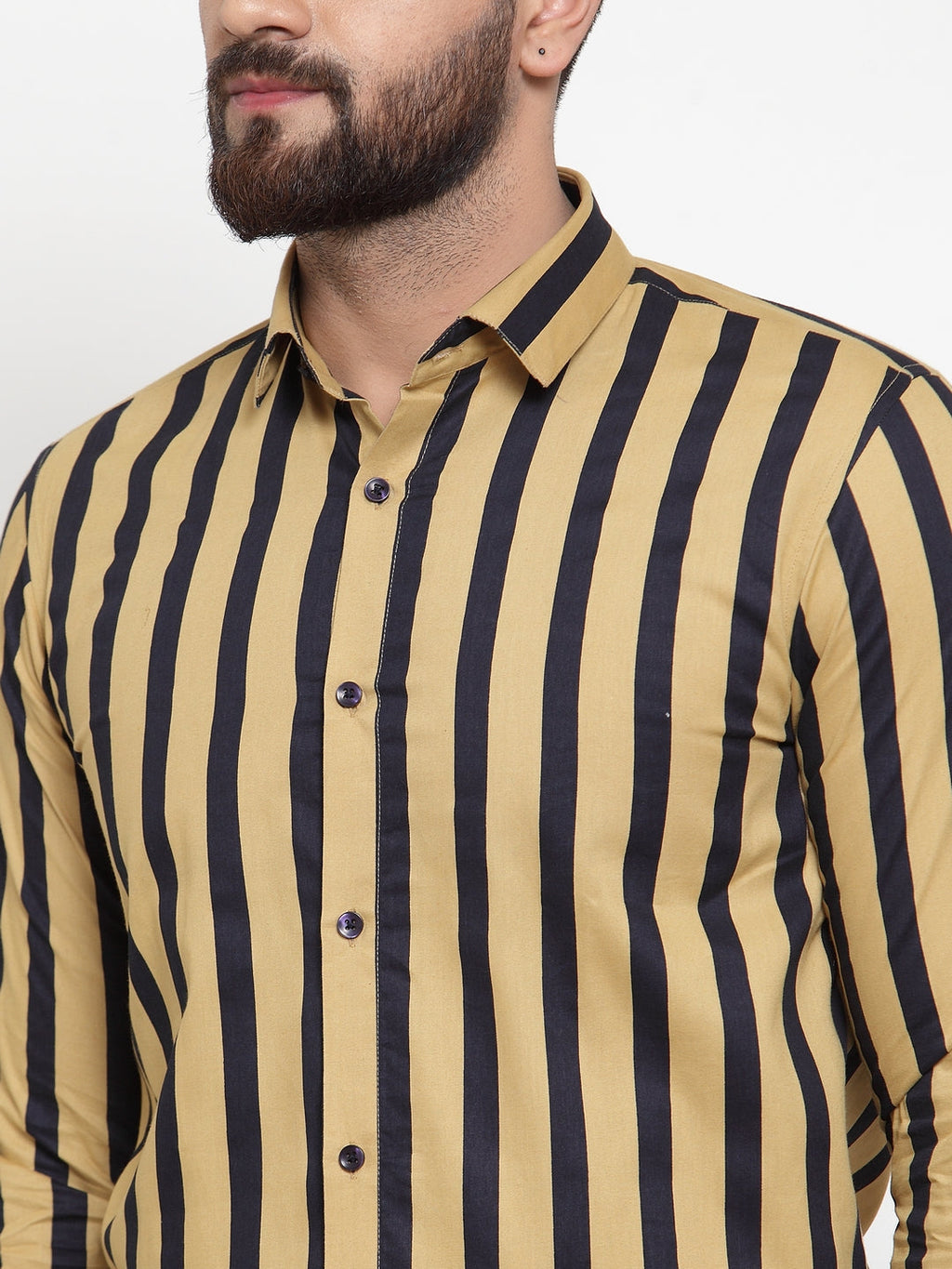 Jainish Yellow Men's Cotton Striped Formal Shirts ( SF 744Mustard ) | Grocsy