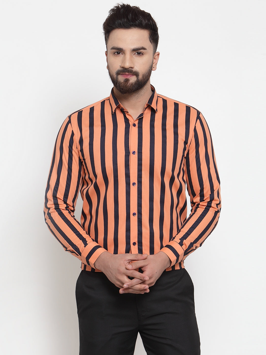 Jainish Orange Men's Cotton Striped Formal Shirts ( SF 744Orange ) | Grocsy