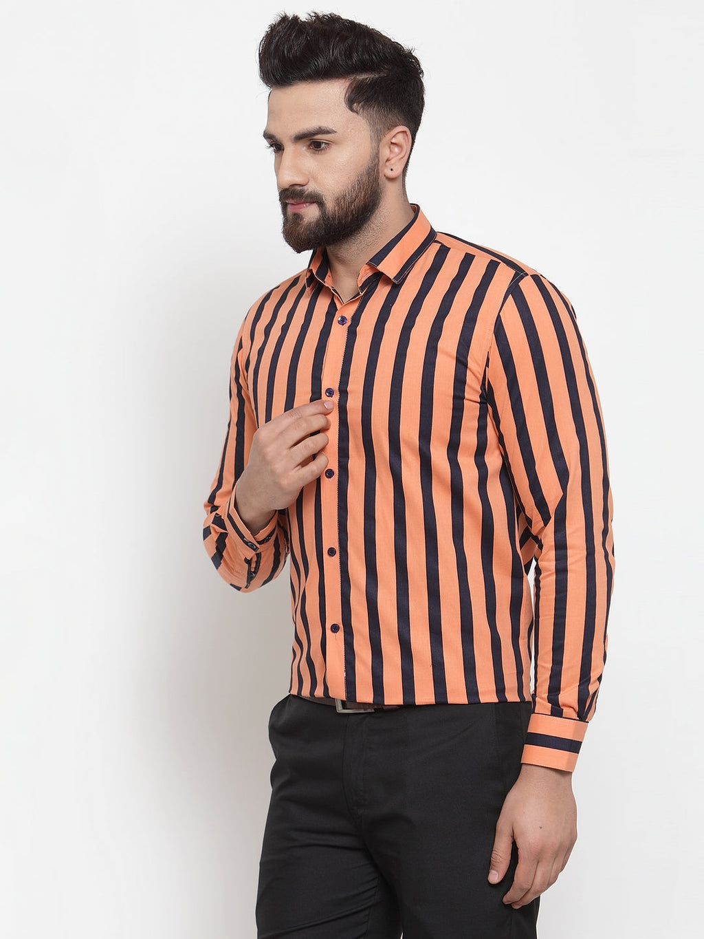 Jainish Orange Men's Cotton Striped Formal Shirts ( SF 744Orange ) | Grocsy