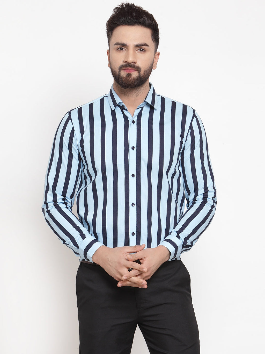 Jainish Blue Men's Cotton Striped Formal Shirts ( SF 744Sky ) | Grocsy
