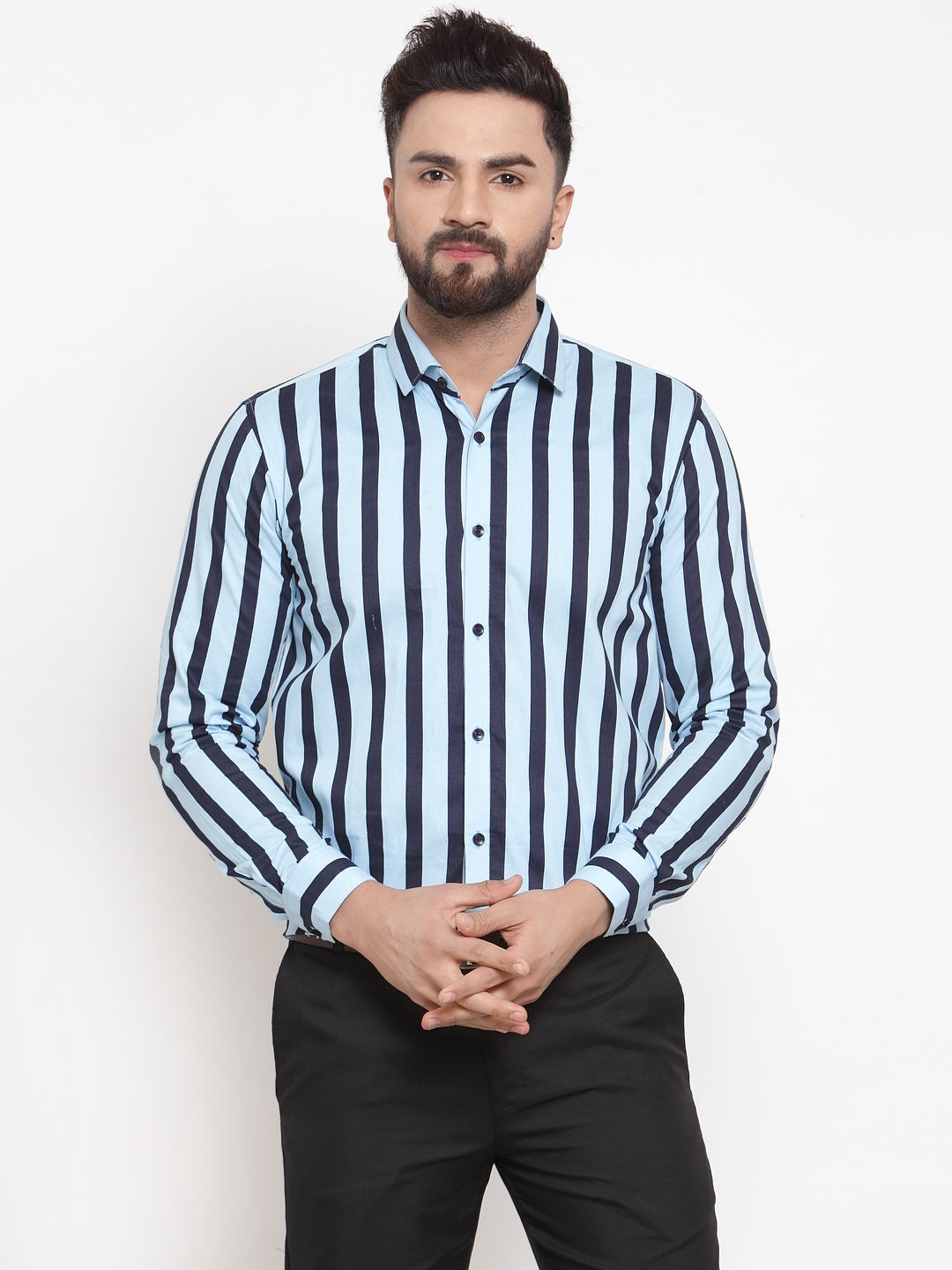 Jainish Blue Men's Cotton Striped Formal Shirts ( SF 744Sky ) | Grocsy