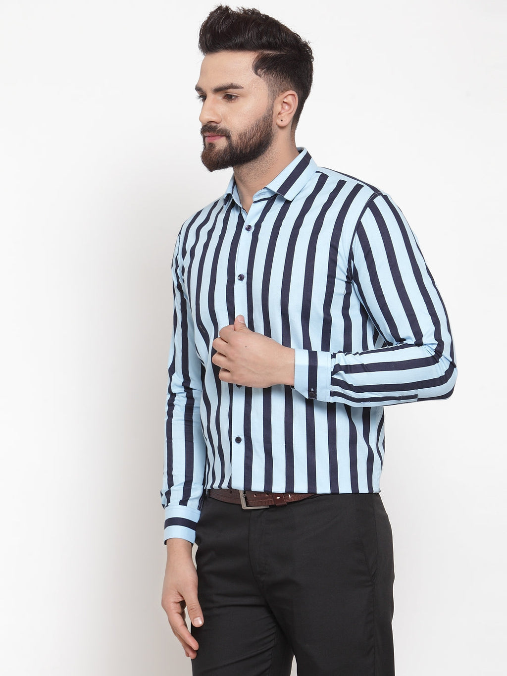 Jainish Blue Men's Cotton Striped Formal Shirts ( SF 744Sky ) | Grocsy