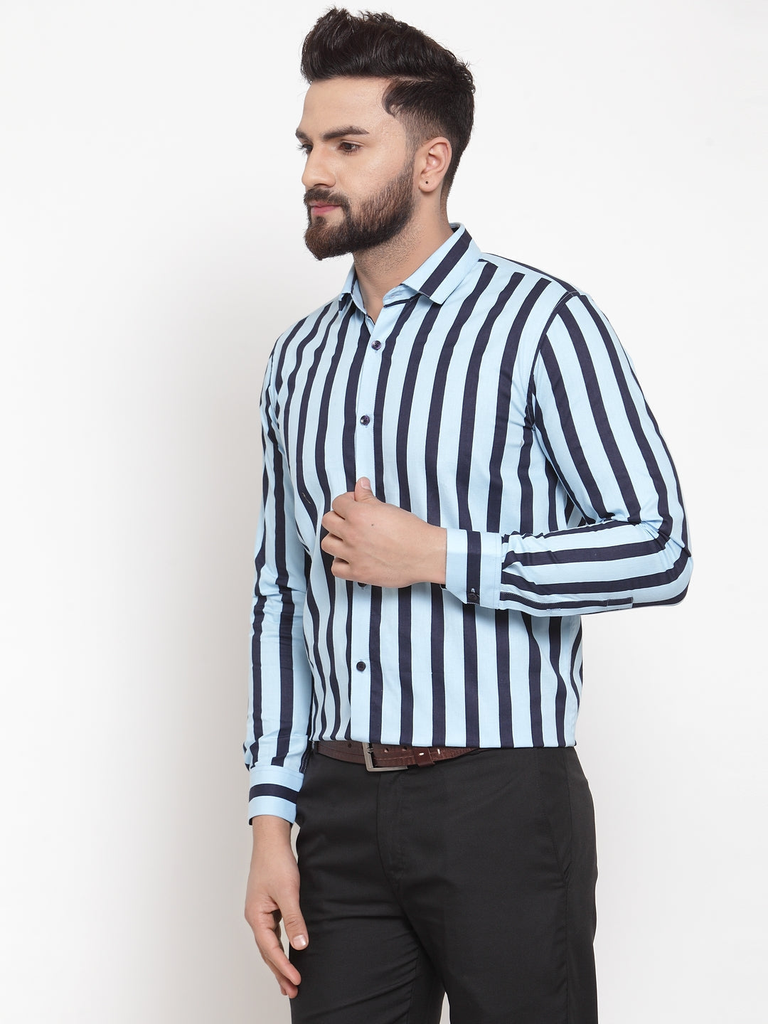 Jainish Blue Men's Cotton Striped Formal Shirts ( SF 744Sky ) | Grocsy
