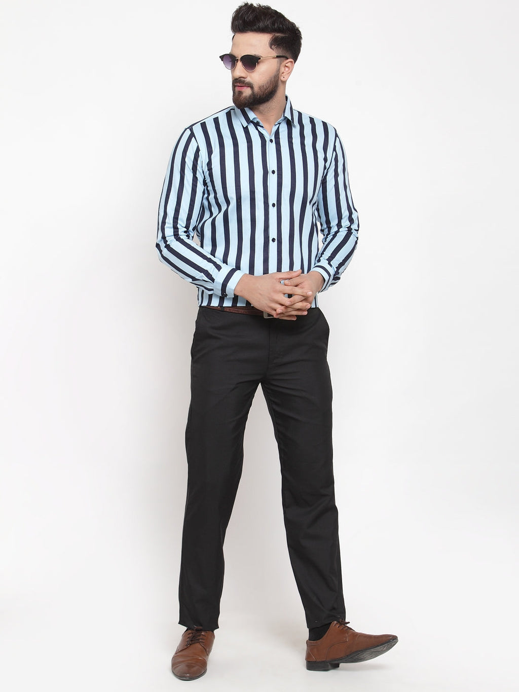Jainish Blue Men's Cotton Striped Formal Shirts ( SF 744Sky ) | Grocsy