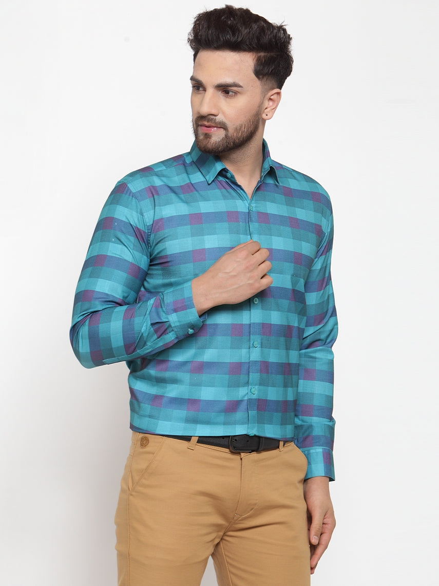 Jainish Blue Men's Cotton Checked Formal Shirt's ( SF 746Sky ) | Grocsy