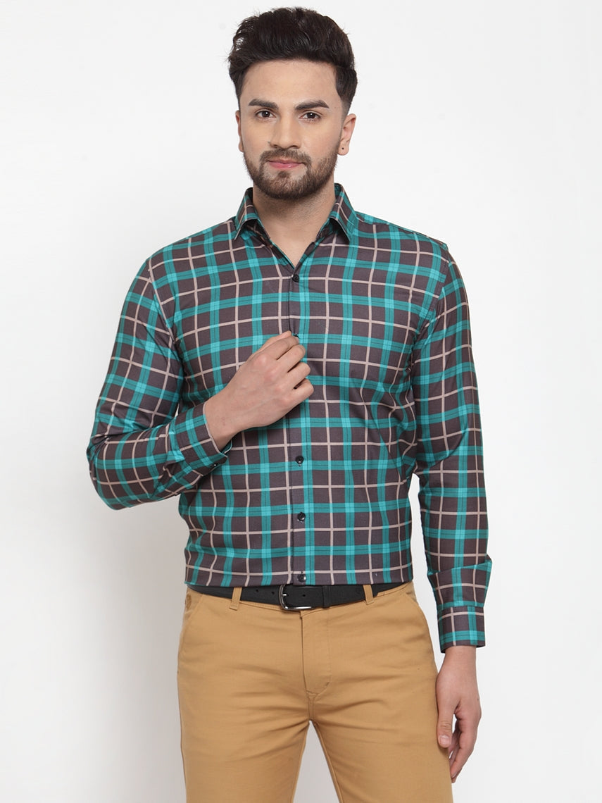 Jainish Green Men's Cotton Checked Formal Shirt's ( SF 749Green-Black ) | Grocsy