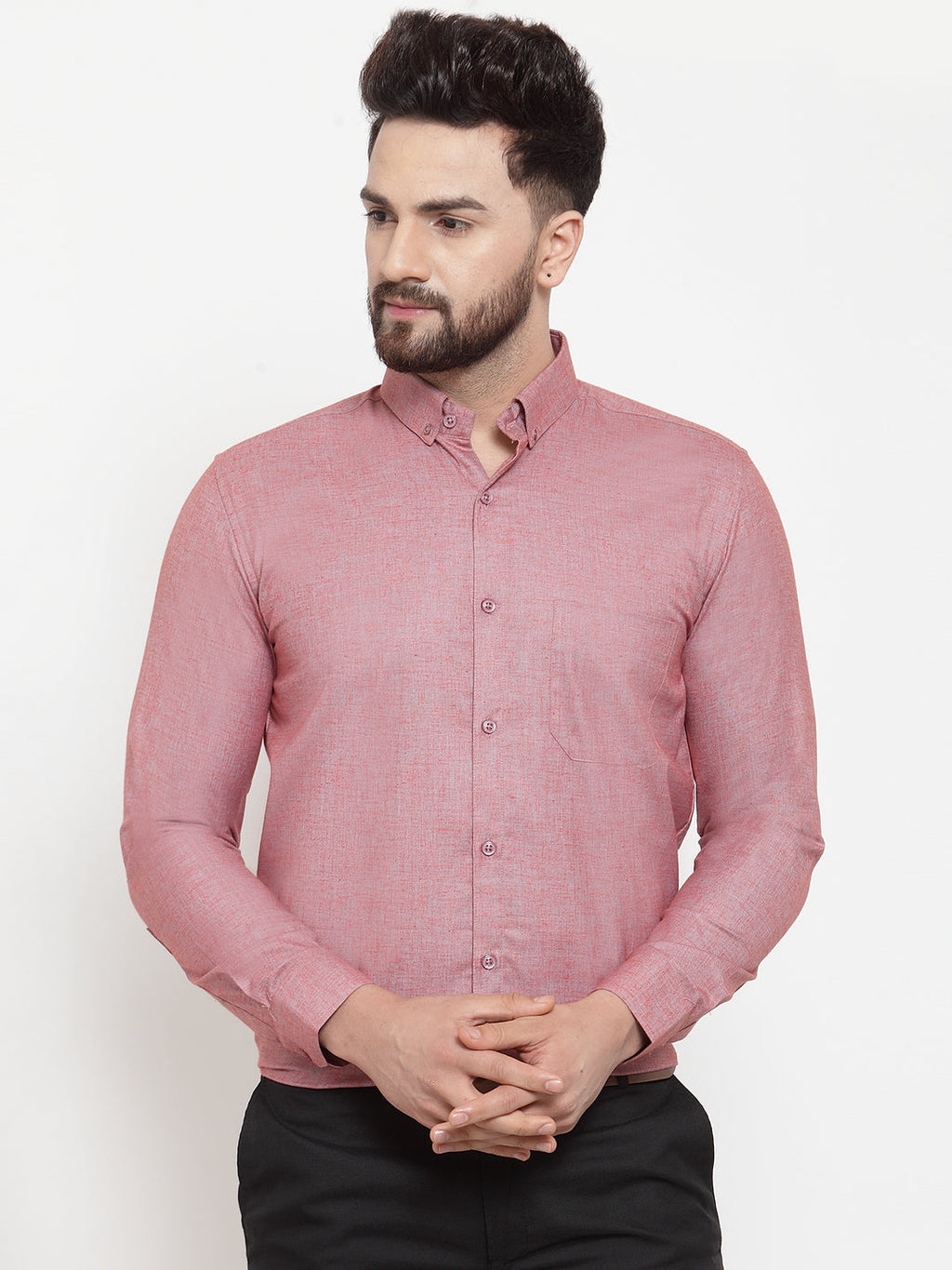 Jainish Coral Men's Cotton Solid Button Down Formal Shirts ( SF 753Coral ) | Grocsy