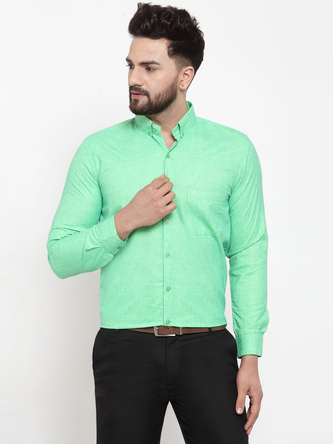 Jainish Green Men's Cotton Solid Button Down Formal Shirts ( SF 753Green ) | Grocsy
