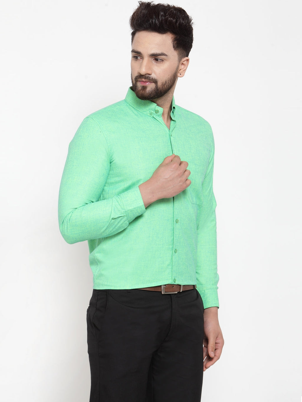 Jainish Green Men's Cotton Solid Button Down Formal Shirts ( SF 753Green ) | Grocsy
