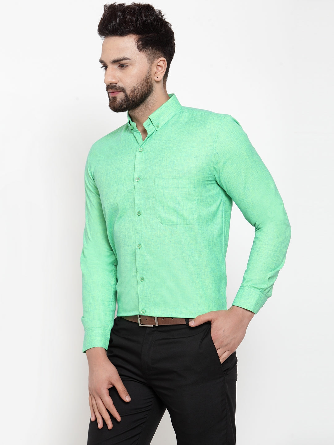 Jainish Green Men's Cotton Solid Button Down Formal Shirts ( SF 753Green ) | Grocsy