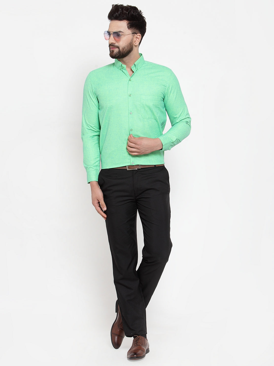 Jainish Green Men's Cotton Solid Button Down Formal Shirts ( SF 753Green ) | Grocsy