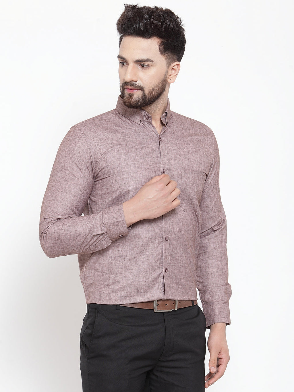 Jainish Brown Men's Cotton Solid Button Down Formal Shirts ( SF 753Mauve ) | Grocsy