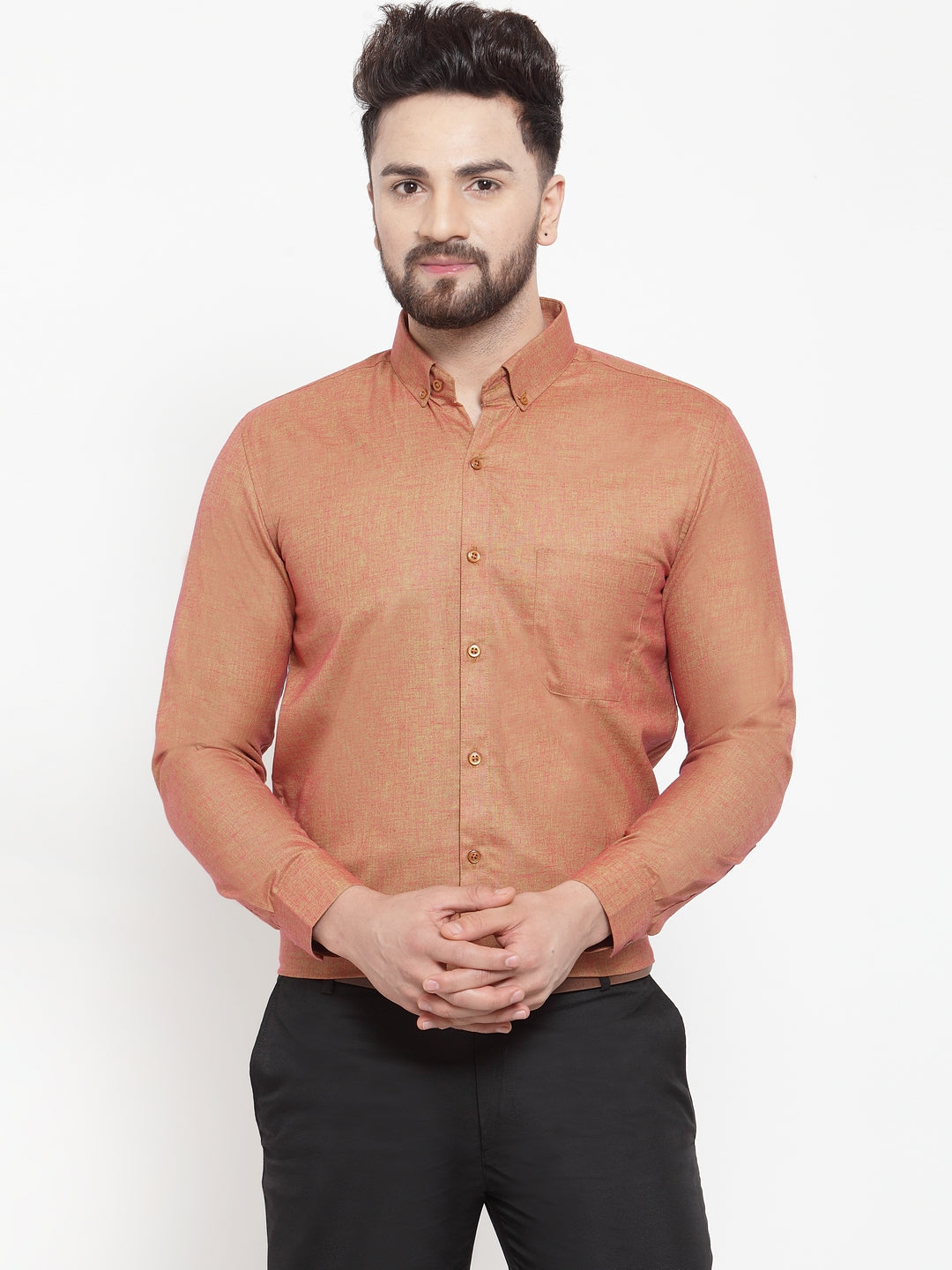 Jainish Orange Men's Cotton Solid Button Down Formal Shirts ( SF 753Orange ) | Grocsy
