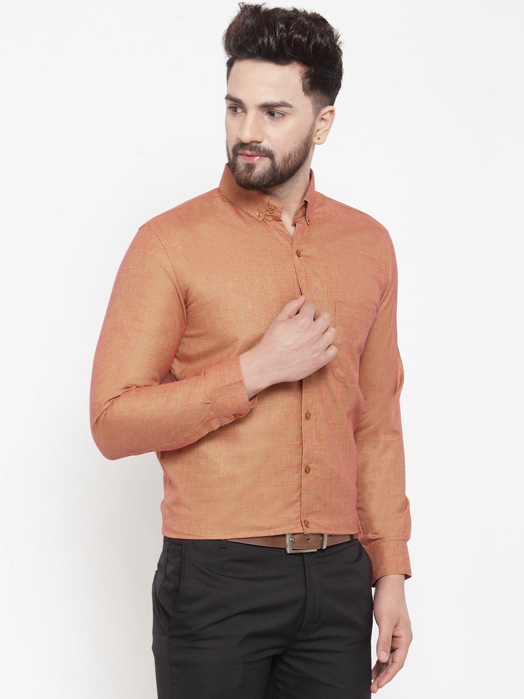 Jainish Orange Men's Cotton Solid Button Down Formal Shirts ( SF 753Orange ) | Grocsy