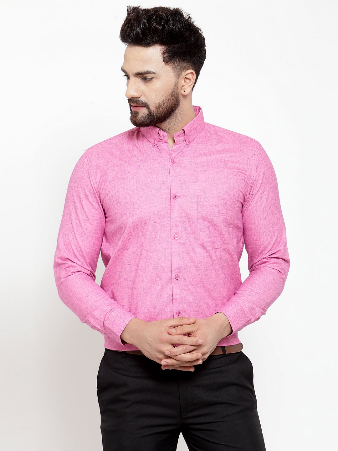 Jainish Pink Men's Cotton Solid Button Down Formal Shirts ( SF 753Pink ) | Grocsy