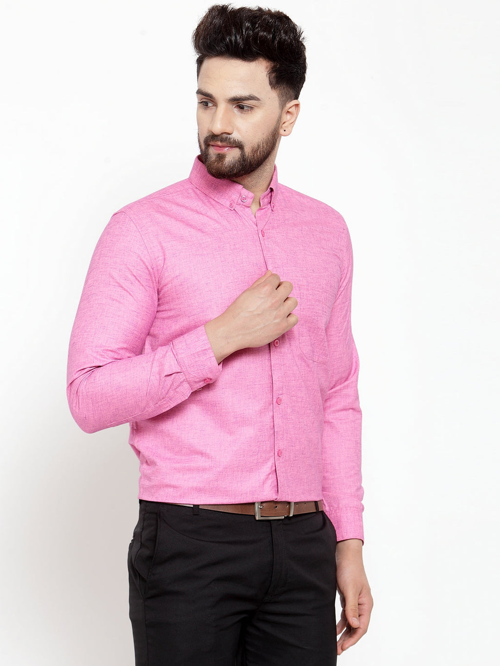 Jainish Pink Men's Cotton Solid Button Down Formal Shirts ( SF 753Pink ) | Grocsy